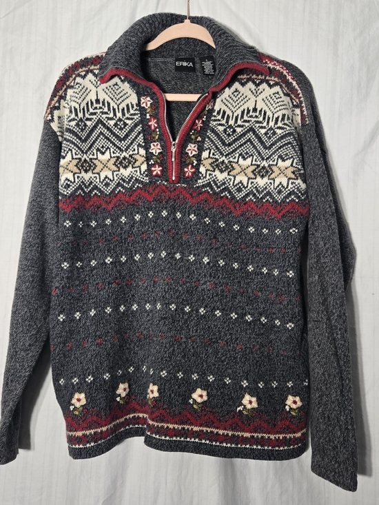 Erika Sweaters - Vintage Erika Women’s Charcoal Gray Fair Isle Half-Zip Knit Sweater